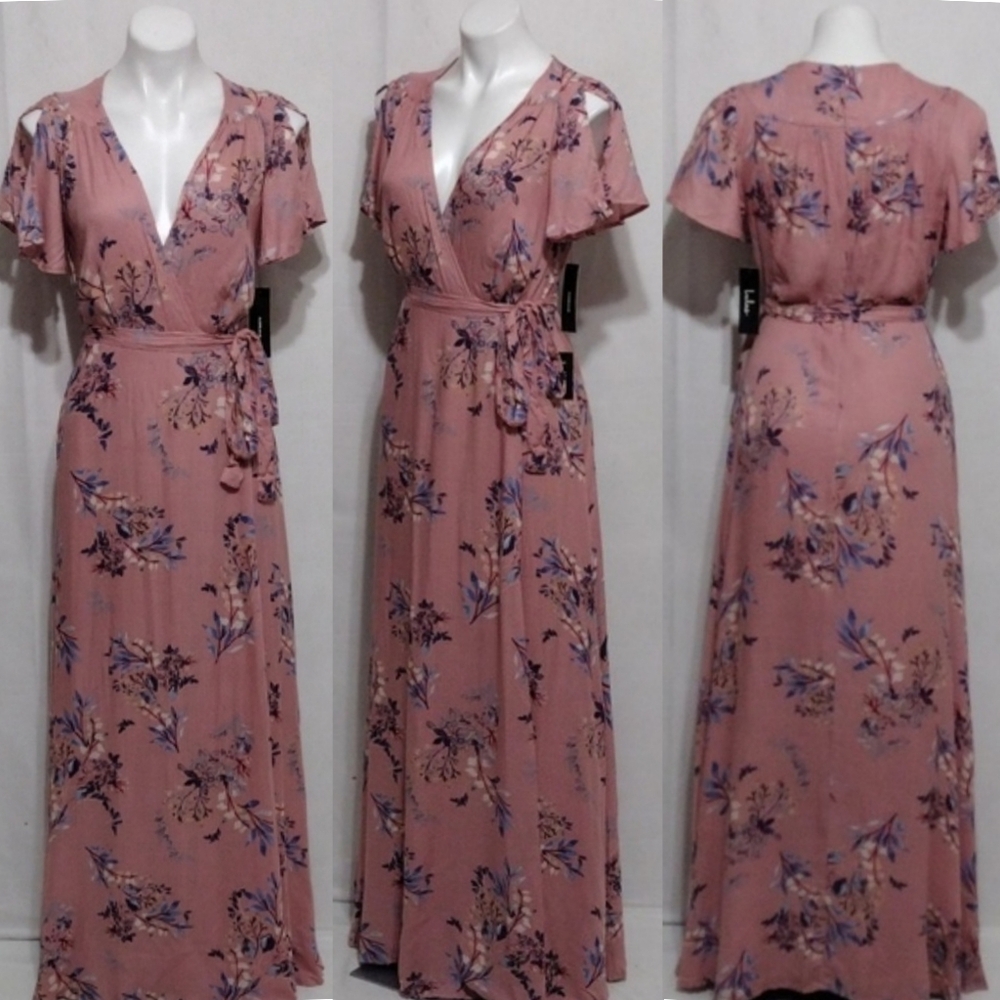 Lulus Rusty Rose Floral Faux Wrap Maxi Dress Flutter Sleeve Boho Romantic Small